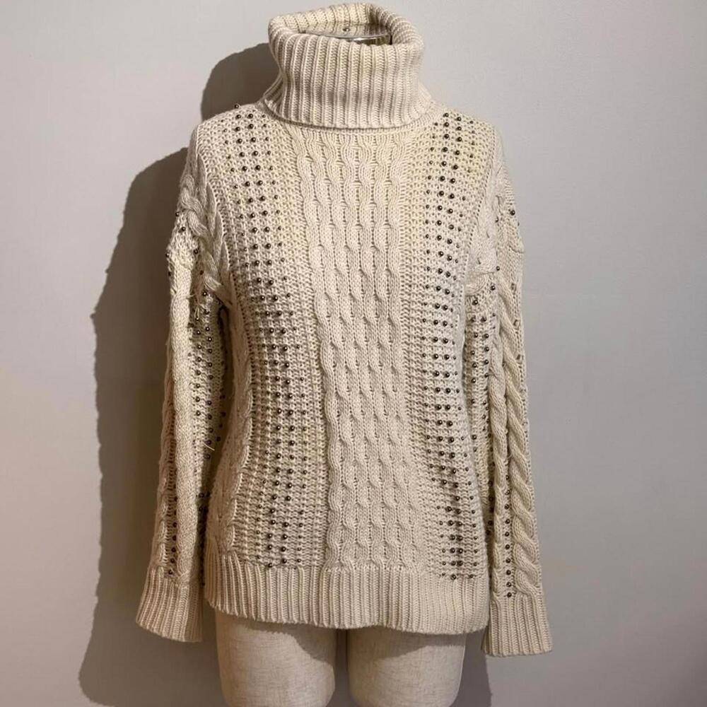 RD Style Women's Size S‎ Cable Knit Beaded Turtleneck Sweater Boutique Brand - Picture 2 of 8